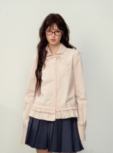 Romantic hem lace small shirt women's loose design shirt white/light pink